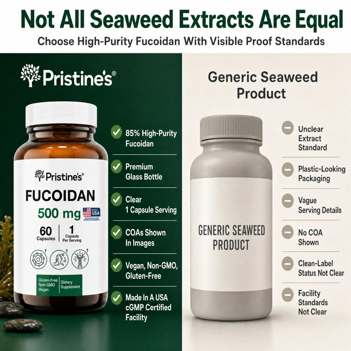 PRISTINE'S Fucoidan capsules opened bottle view