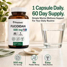 PRISTINE'S Fucoidan capsules with seaweed background