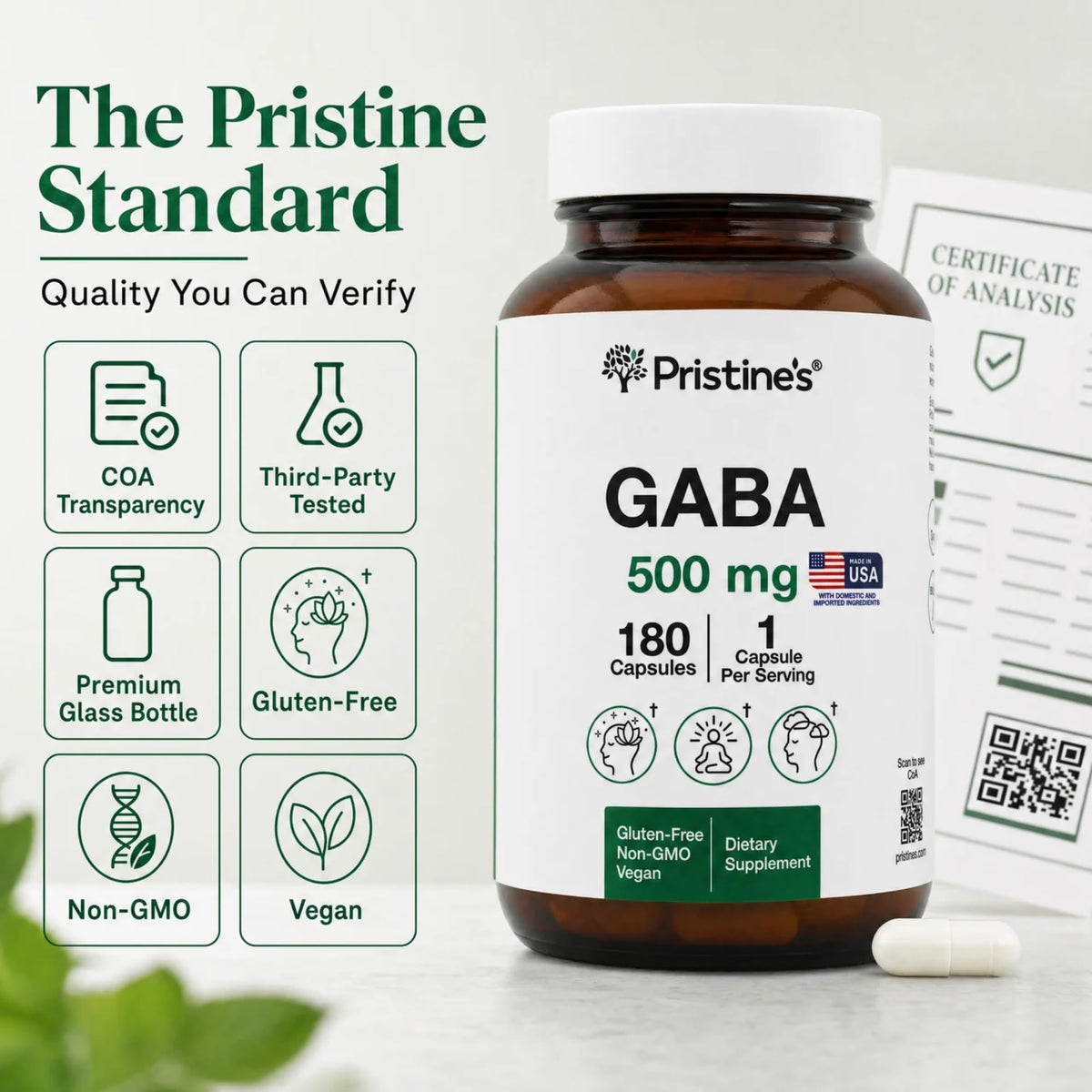 PRISTINE'S GABA 500mg gélules 180 unités en main