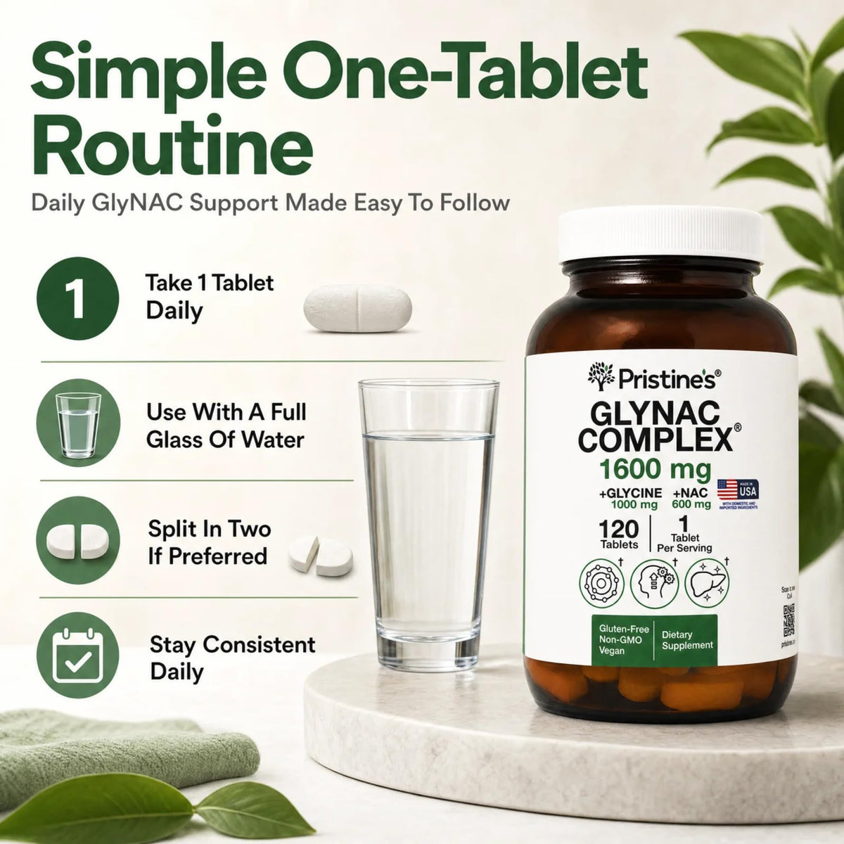 PRISTINE'S GlyNAC 1600mg comprimés avec étiquette de qualité vérifiée