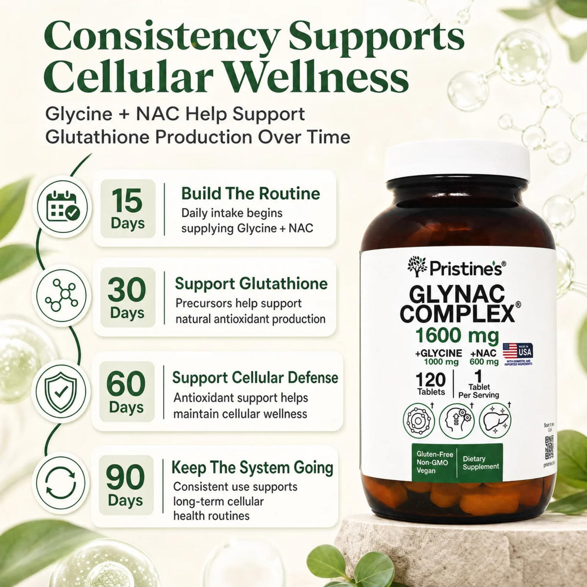 PRISTINE'S GlyNAC 1600mg comprimés avec verre d'eau