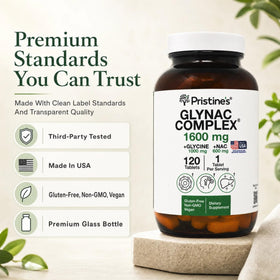 PRISTINE'S GlyNAC 1600mg comprimés montrant la composition Glycine et NAC