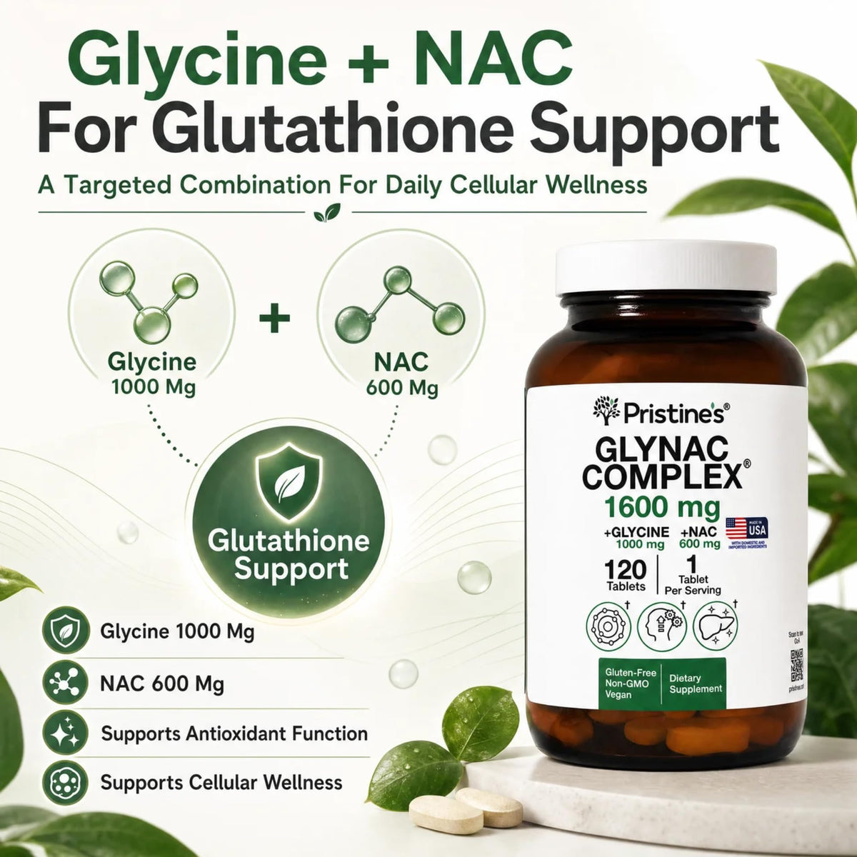 PRISTINE'S GlyNAC 1600mg comprimés sur un fond neutre