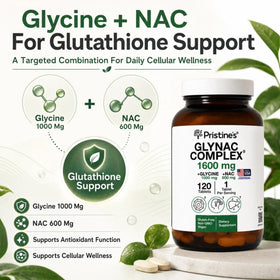 PRISTINE'S GlyNAC 1600mg comprimés sur un fond neutre
