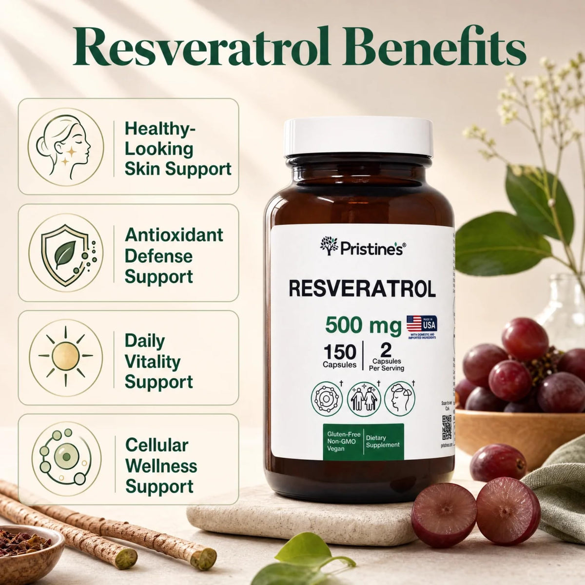 PRISTINE'S Resvératrol 500mg capsules dos