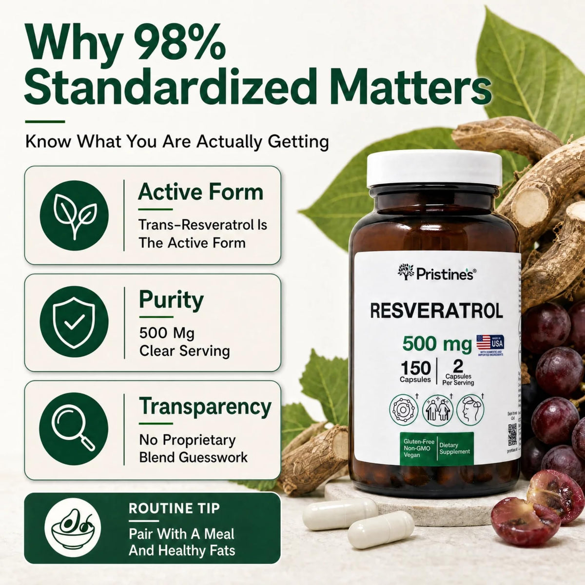 PRISTINE'S Resvératrol 500mg capsules et bouteille