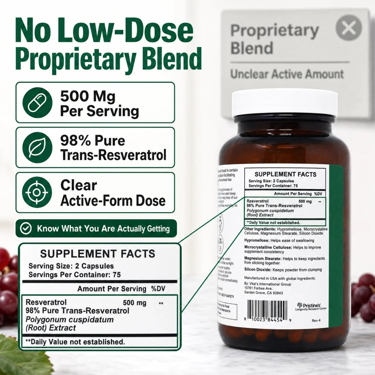 PRISTINE'S Resvératrol 500mg capsules ouvertes avec deux capsules