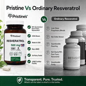 PRISTINE'S Resvératrol 500mg capsules sur une table