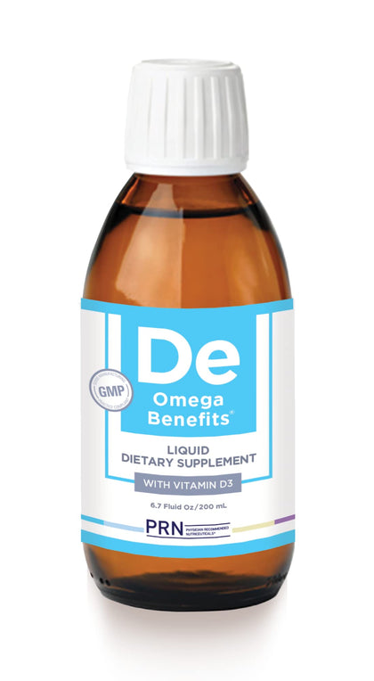 PRN Omega Benefits Formule Liquide 6,7 oz avant avec étiquette et bouchon