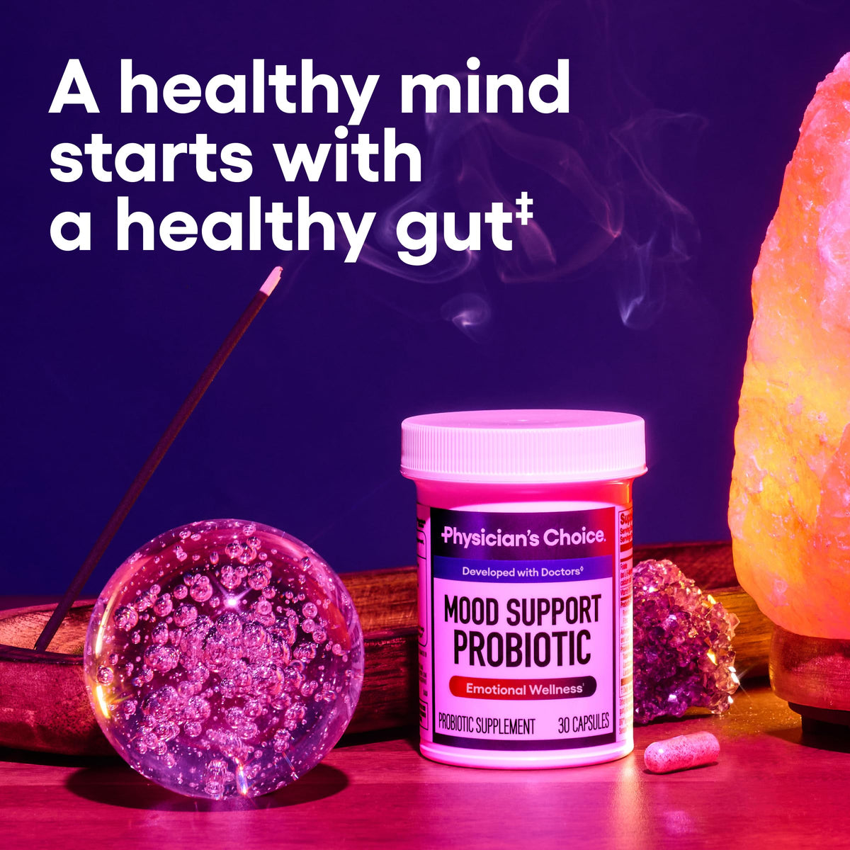 Probiotique de soutien de l'humeur Physician's CHOICE sur une table en bois