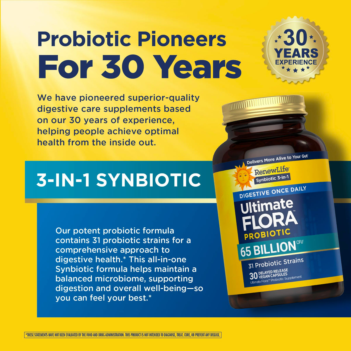 Probiotique Flora Ultime de Renew Life avec 31 souches, vue de côté