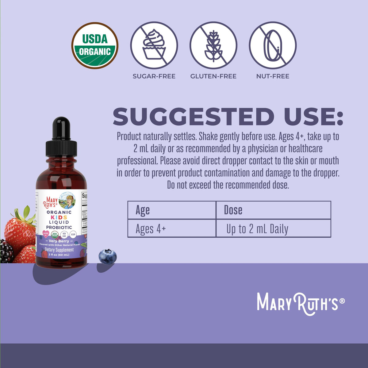 Probiotique liquide MARYRUTH'S pour enfants, étiquette avec ingrédients