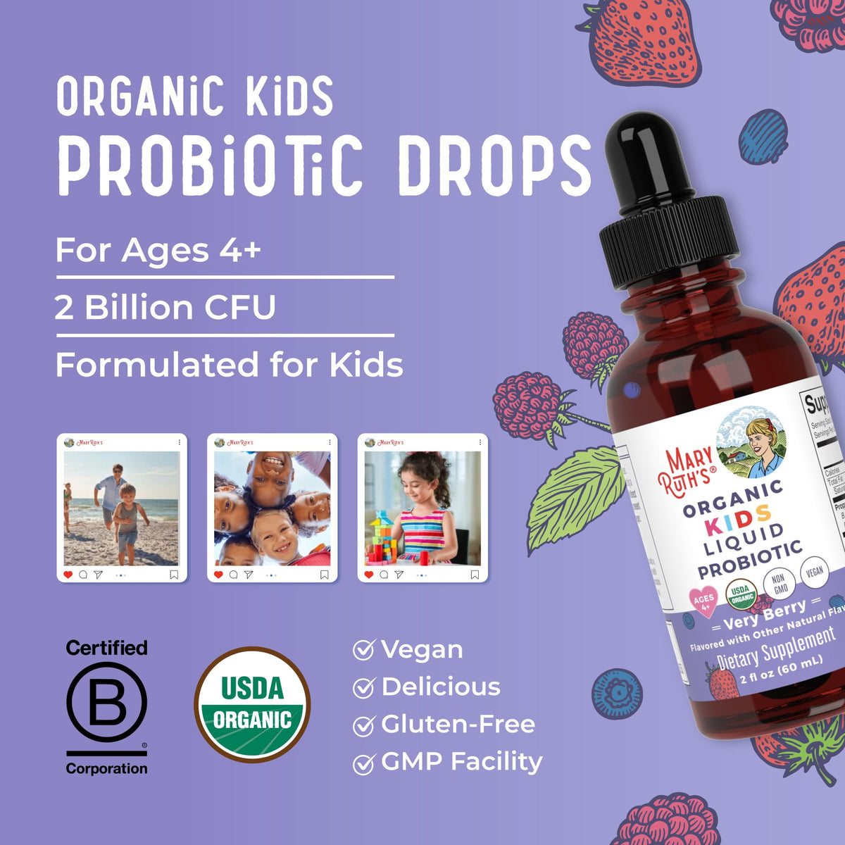 Probiotique liquide MARYRUTH'S pour enfants, goutte à goutte dans une cuillère