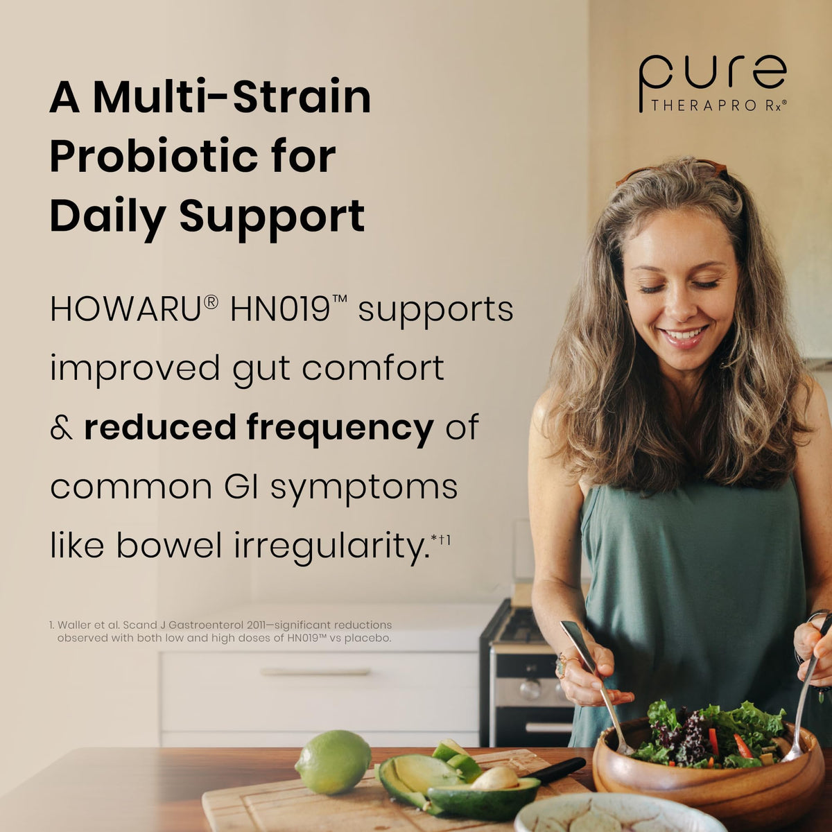 Probiotique Quotidien Pure Therapro Rx capsules à côté d'un verre d'eau