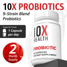 Probiotiques 10X Health, capsules sur fond blanc