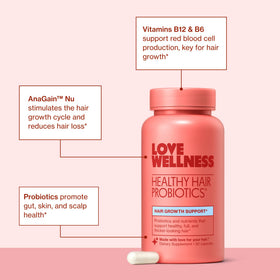 Probiotiques Cheveux Sains Love Wellness avec un verre d'eau
