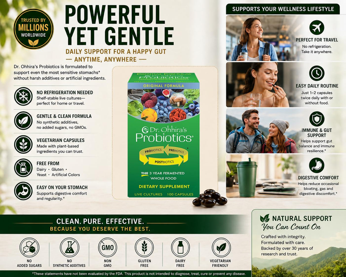 Probiotiques Dr. Ohhira 100 capsules végétariennes sur fond blanc