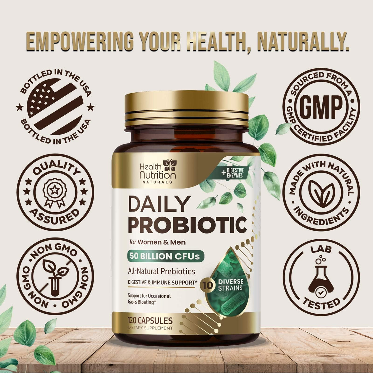 Probiotiques en capsules de Health Nutrition Naturals, vue de côté