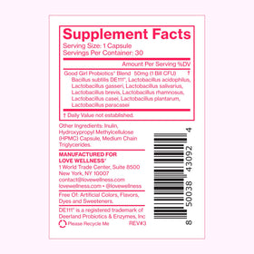 Probiotiques Good Girl, capsule montrant la taille et la forme