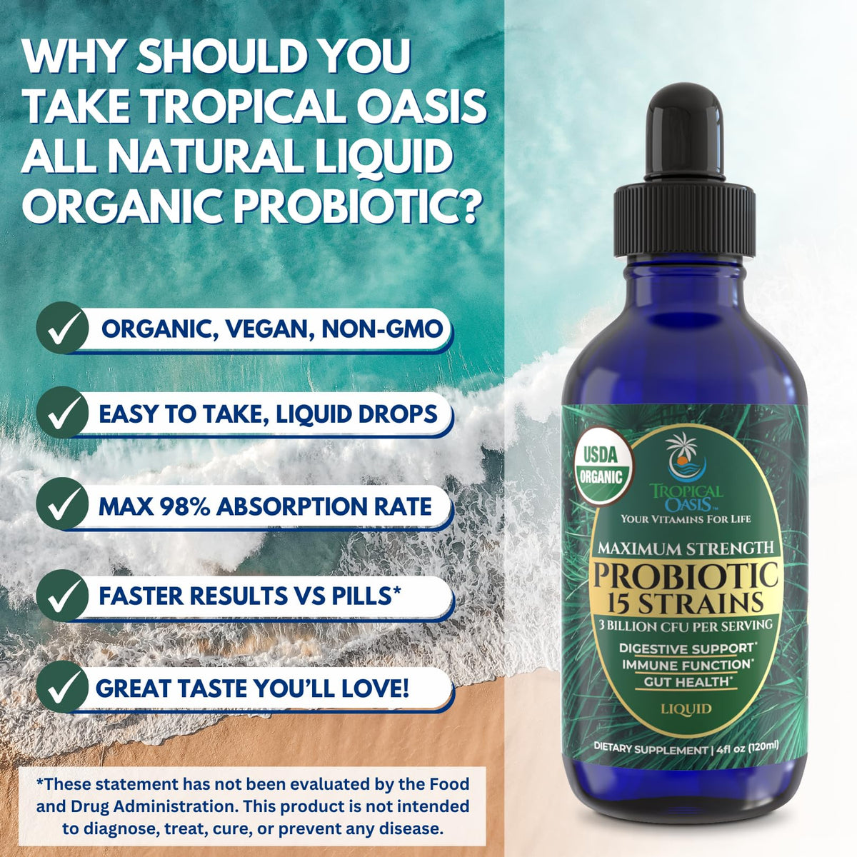 Probiotiques liquides Tropical Oasis flacon sur une table