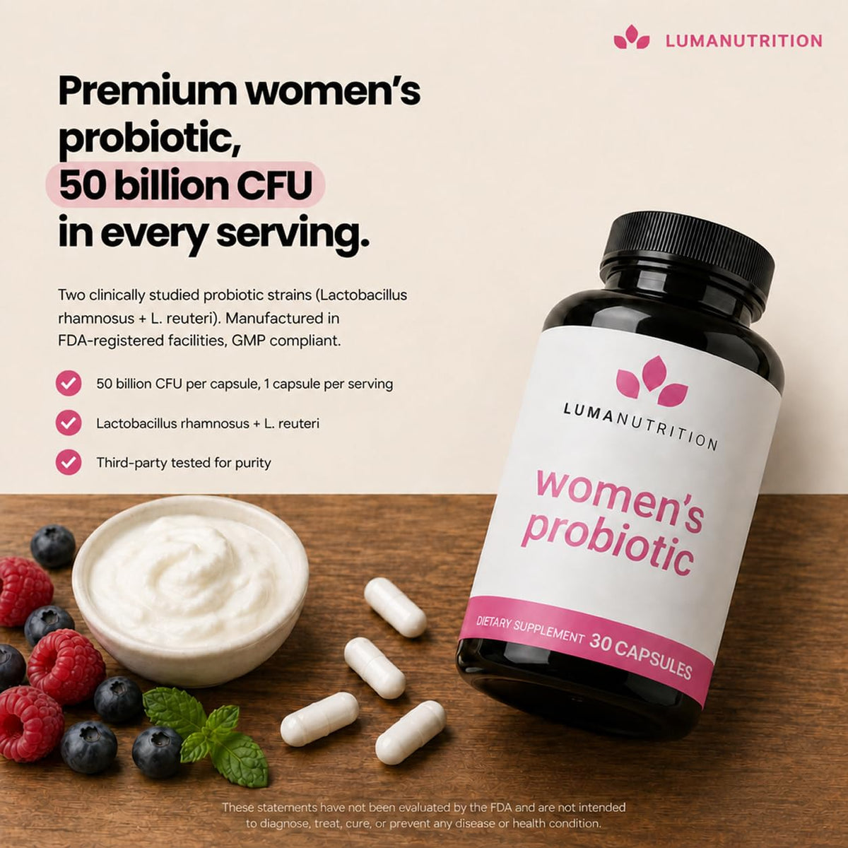 Probiotiques Luma Nutrition pour femmes, arrière du flacon