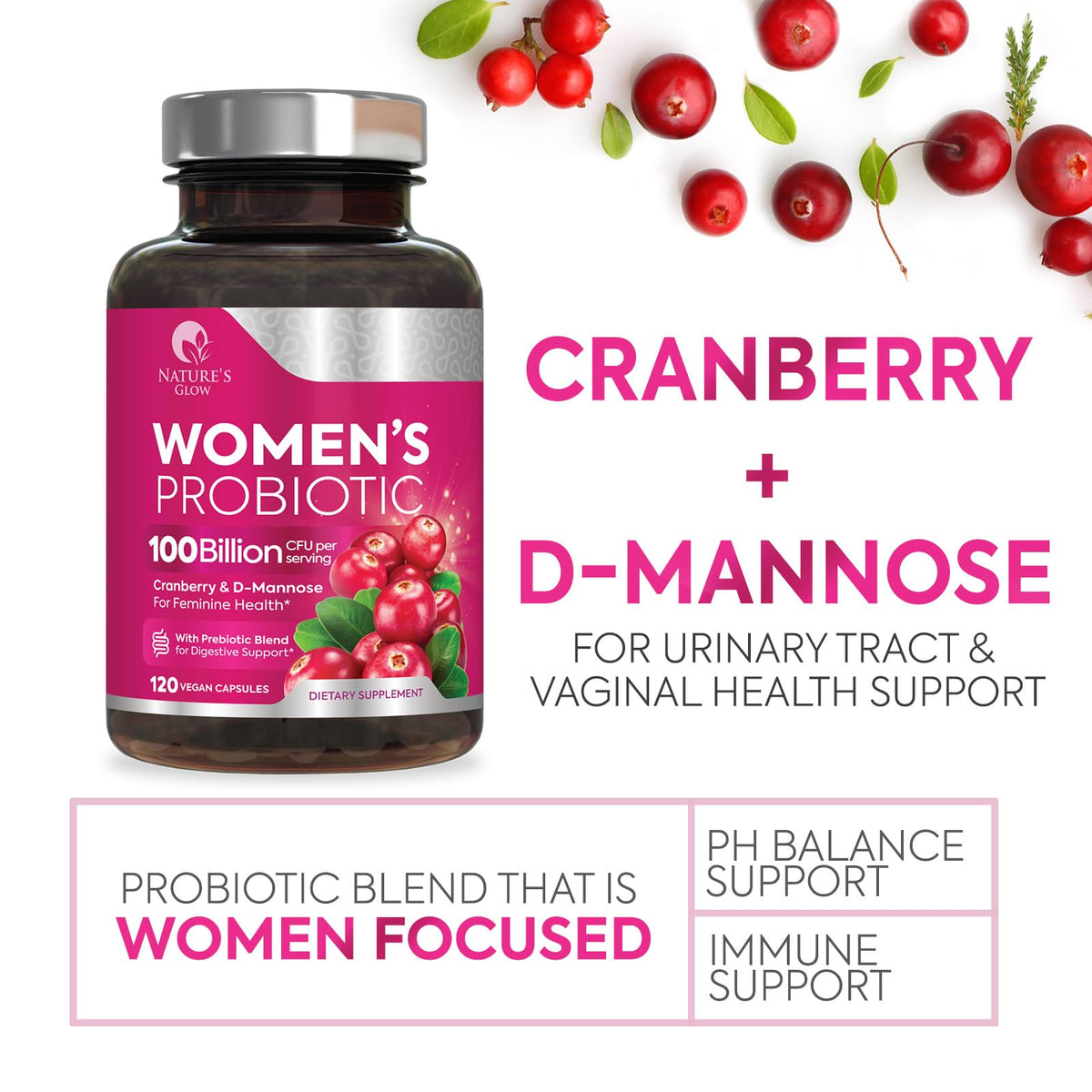 Probiotiques Nature's Glow 120 capsules sur une table en bois