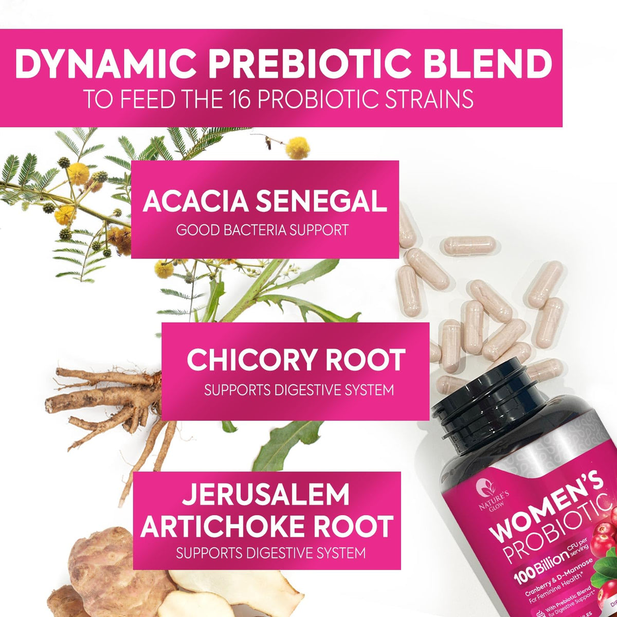 Probiotiques Nature's Glow avec vue rapprochée des capsules