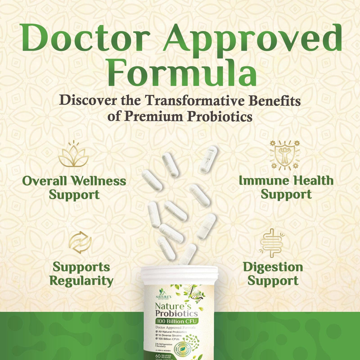 Probiotiques Nature's Nutrition avec étiquette détaillée
