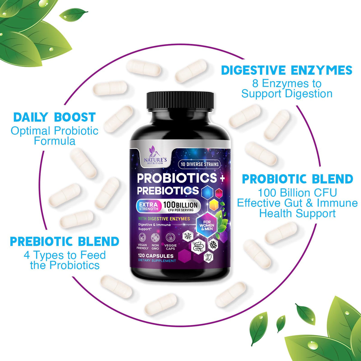 Probiotiques Nature's Nutrition sur une table avec d'autres compléments