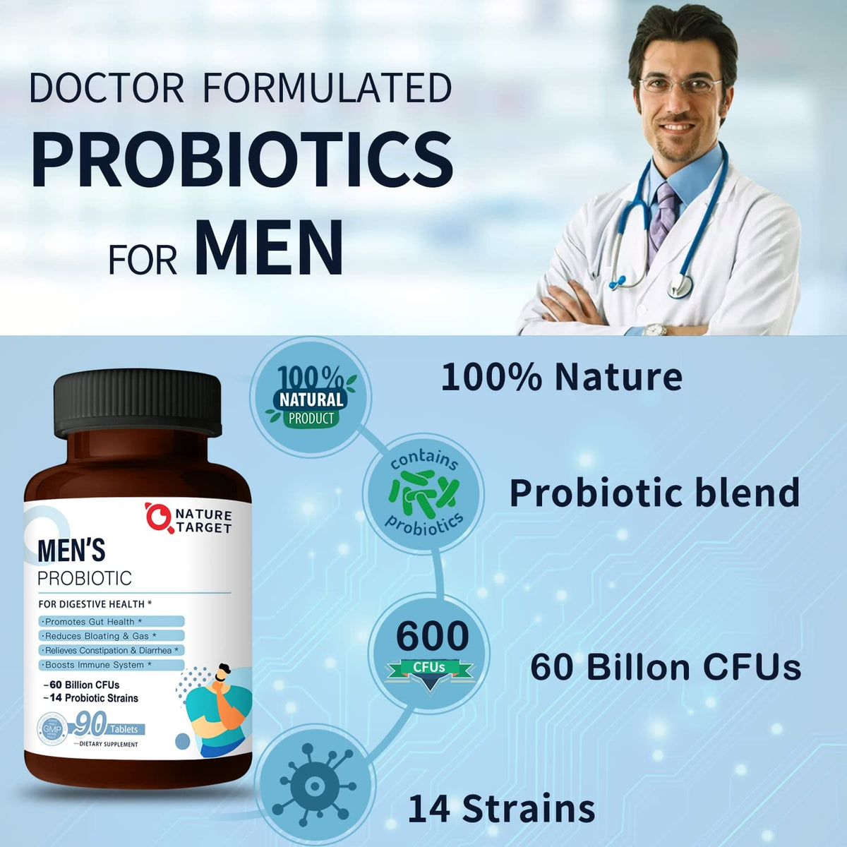 Probiotiques NATURE TARGET pour hommes, comprimés dans une main