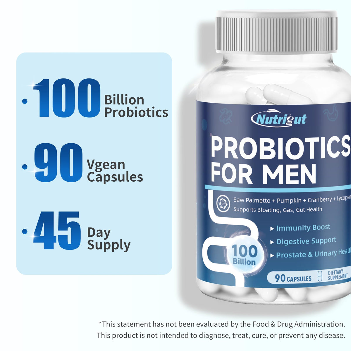 Probiotiques NutriGut pour hommes avec ingrédients en arrière-plan