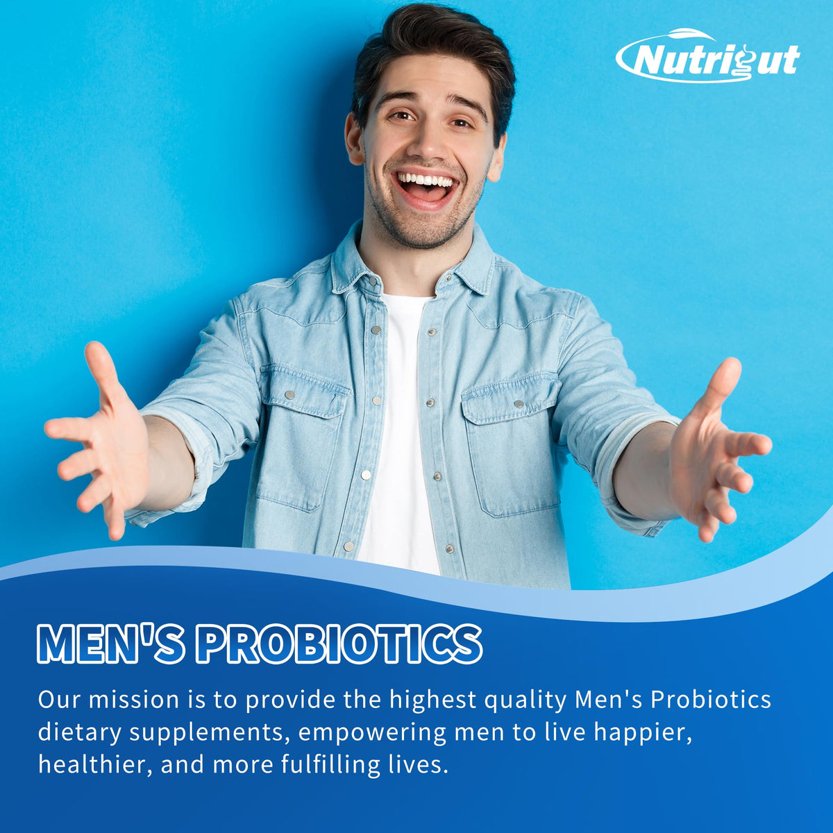 Probiotiques NutriGut pour hommes sur une table en bois