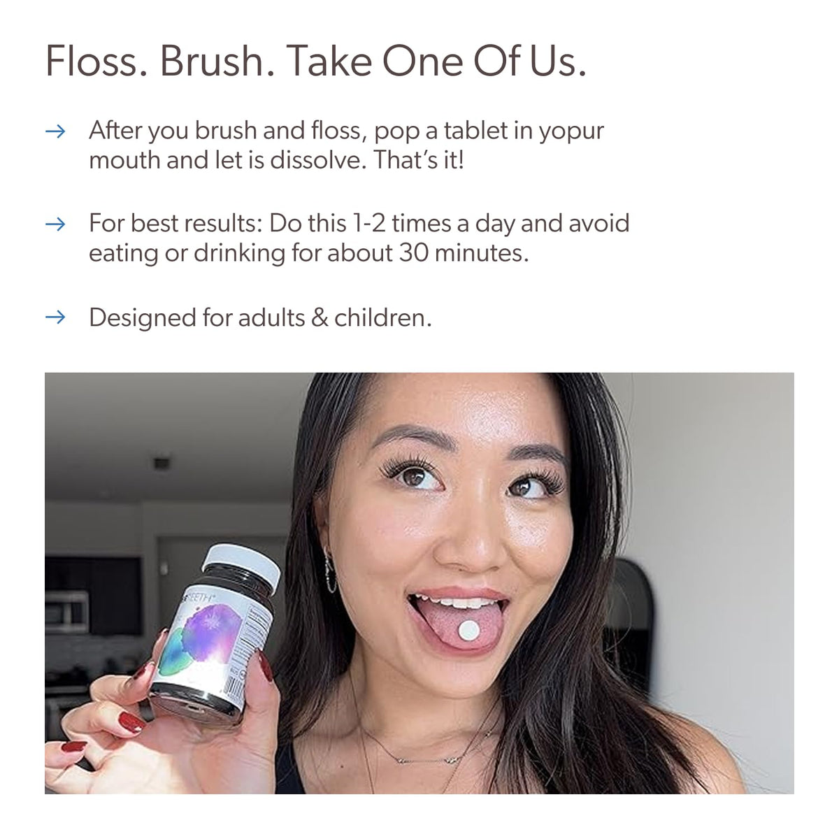 Probiotiques oraux SUPER TEETH présentés sur une table