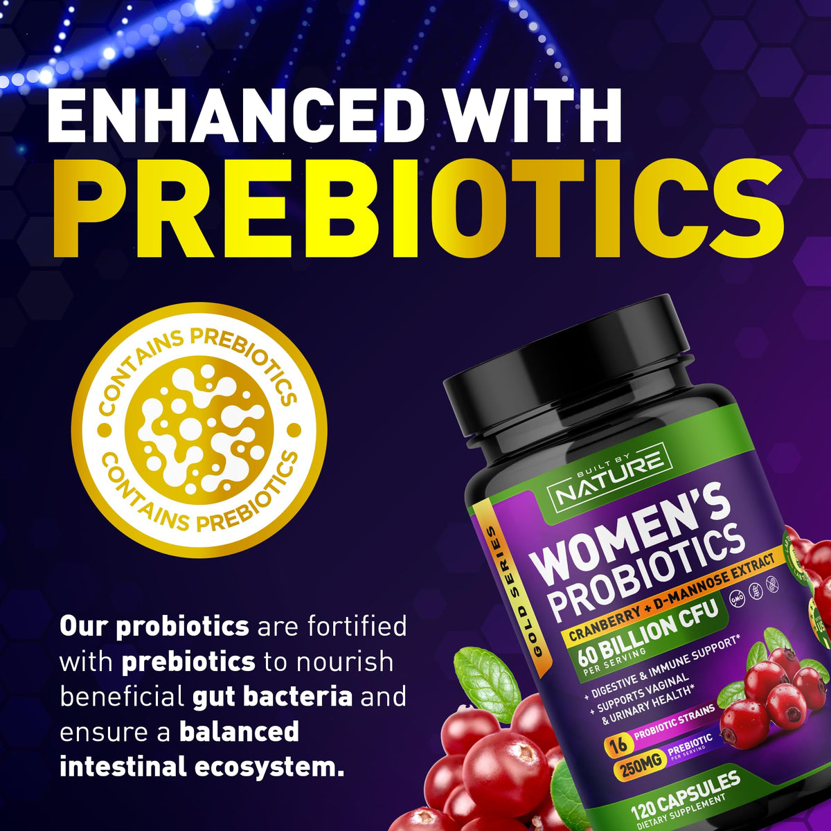 Probiotiques pour Femmes Built by Nature 120 capsules sur une table