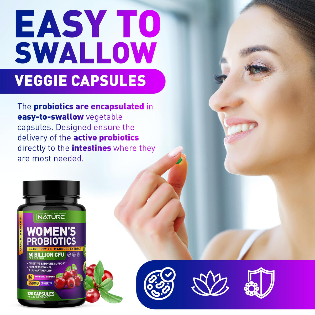 Probiotiques pour Femmes Built by Nature capsules ouvertes