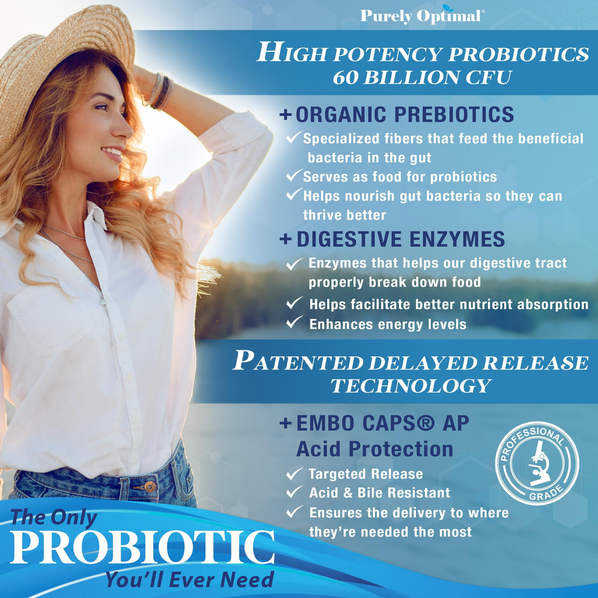 Probiotiques Purely Optimal 60 milliards CFU avec étiquette visible