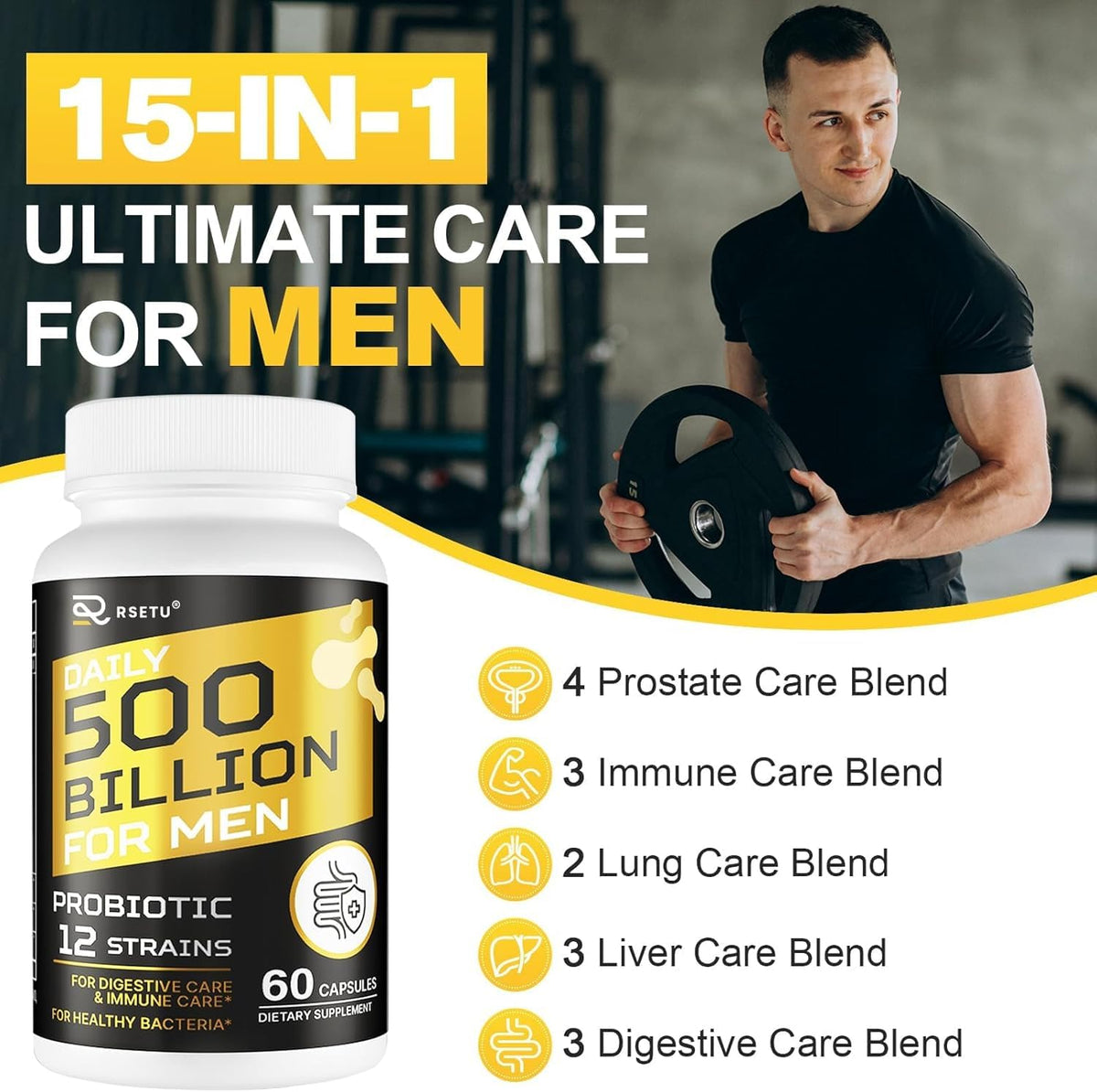 Probiotiques RSETU pour hommes avec étiquette visible