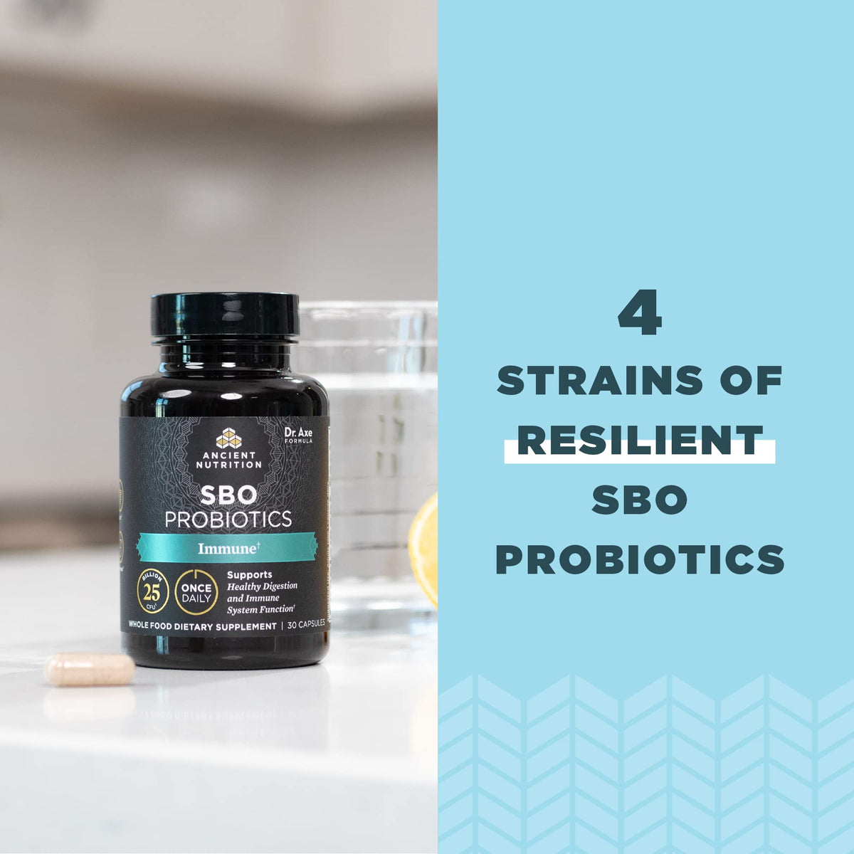 Probiotiques SBO Ancient Nutrition sur une table en bois
