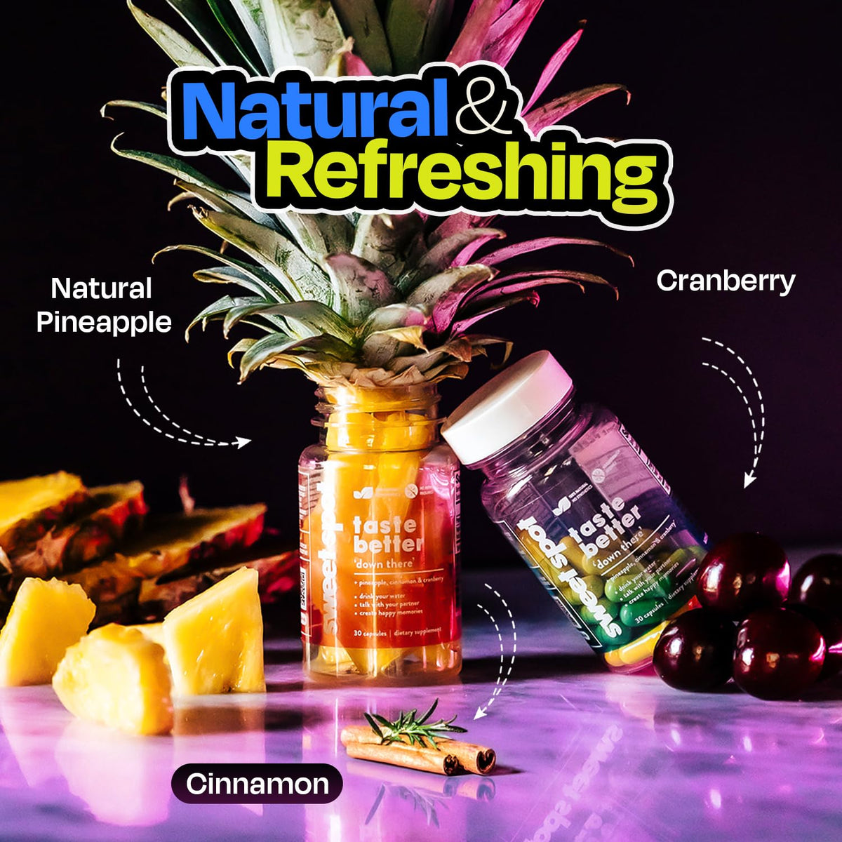 Probiotiques TASTE THE SWEET SPOT montrant la taille et la forme des capsules