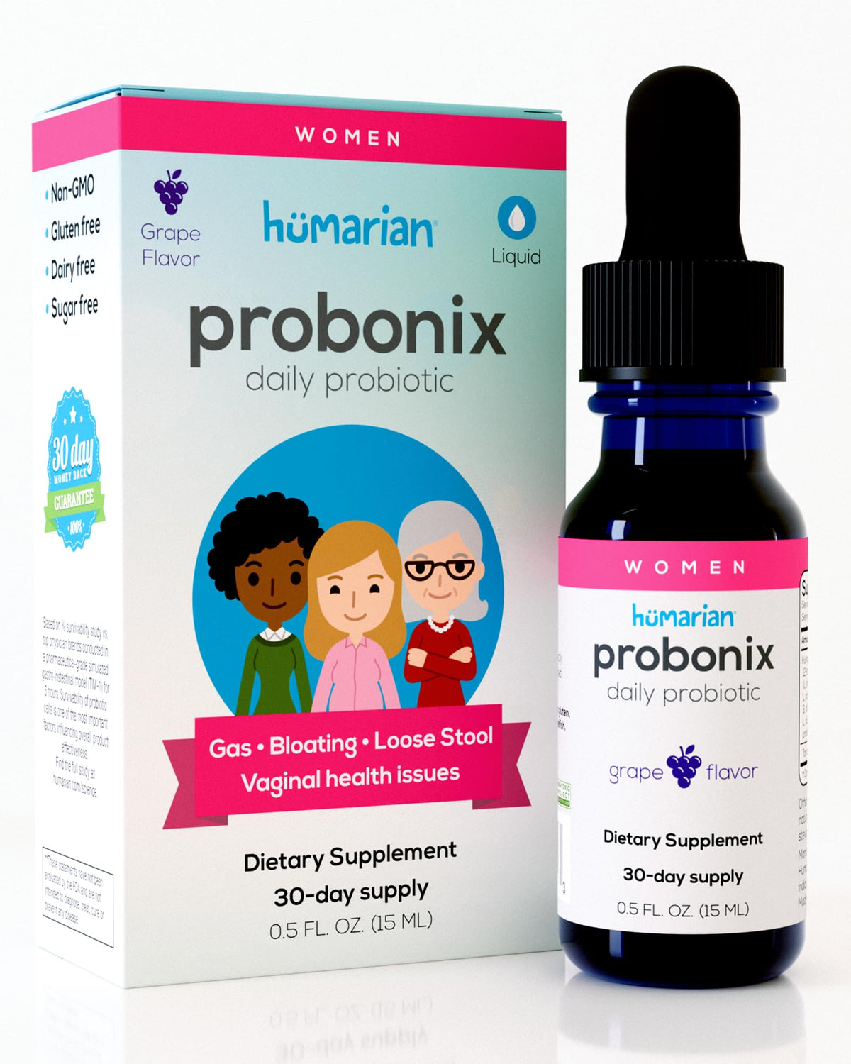 Probonix Probiotiques Liquides pour Femmes, flacon avant avec étiquette
