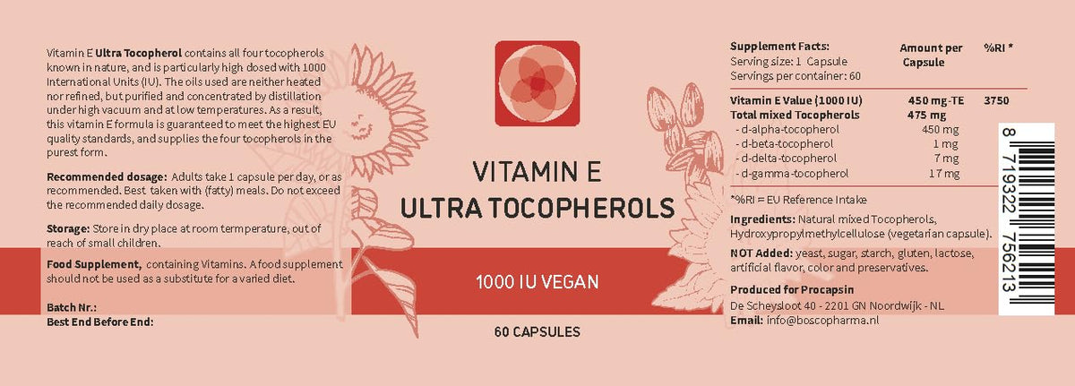 Procapsin Vitamine E 1000 IU capsules ouvertes sur une table