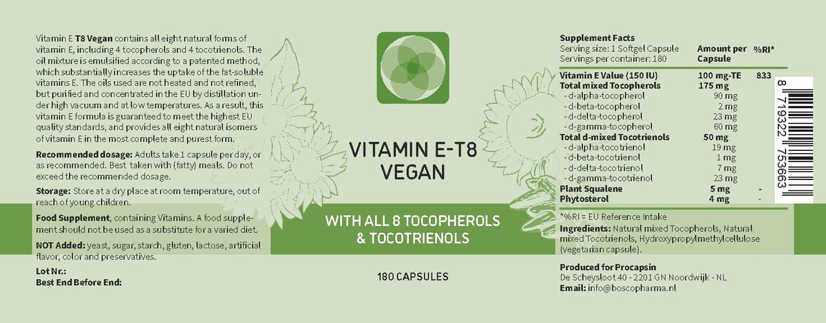 Procapsin Vitamine E Végane 180 g, détails de l'étiquette