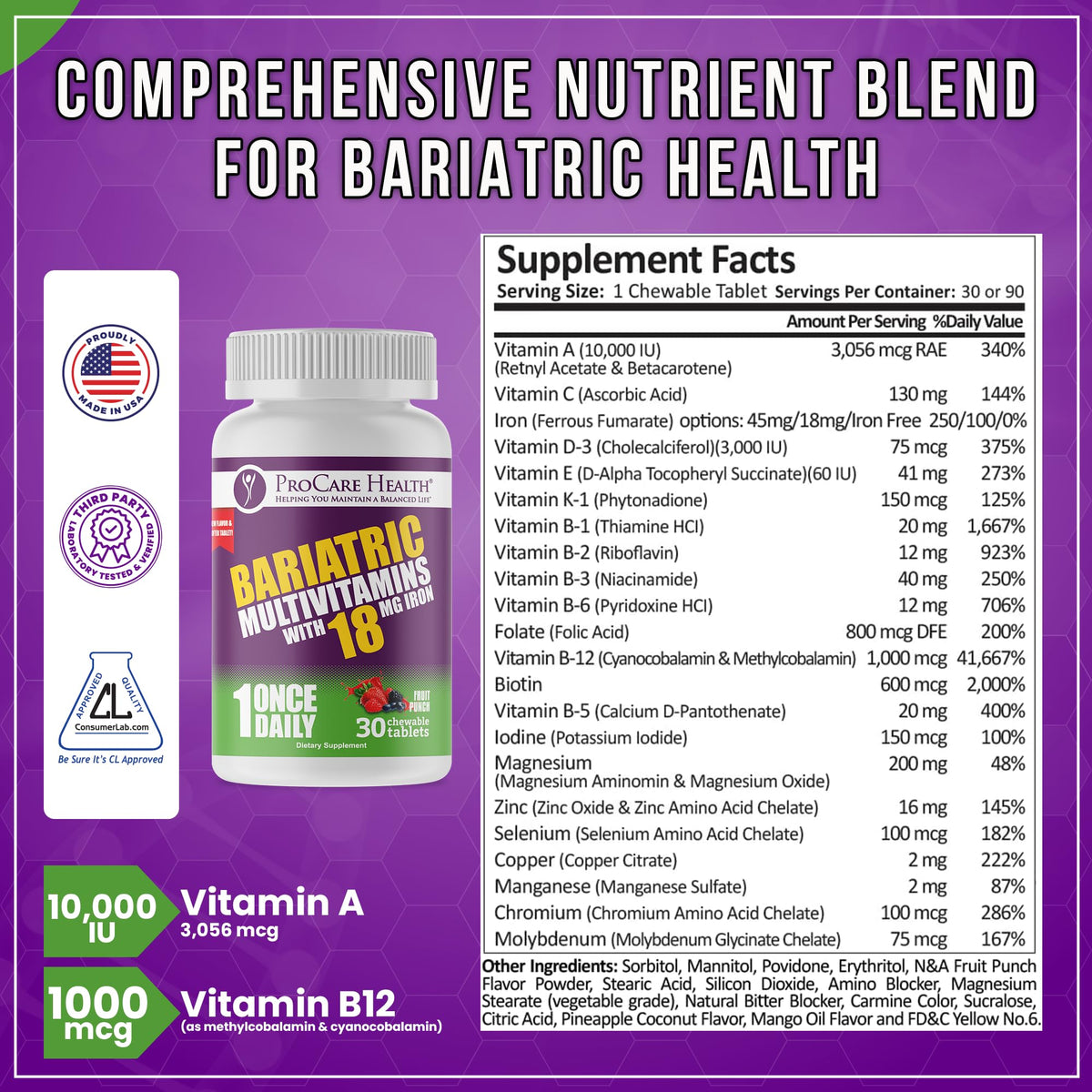 ProCare Health Multivitamine Bariatrie comprimé à mâcher fruit punch