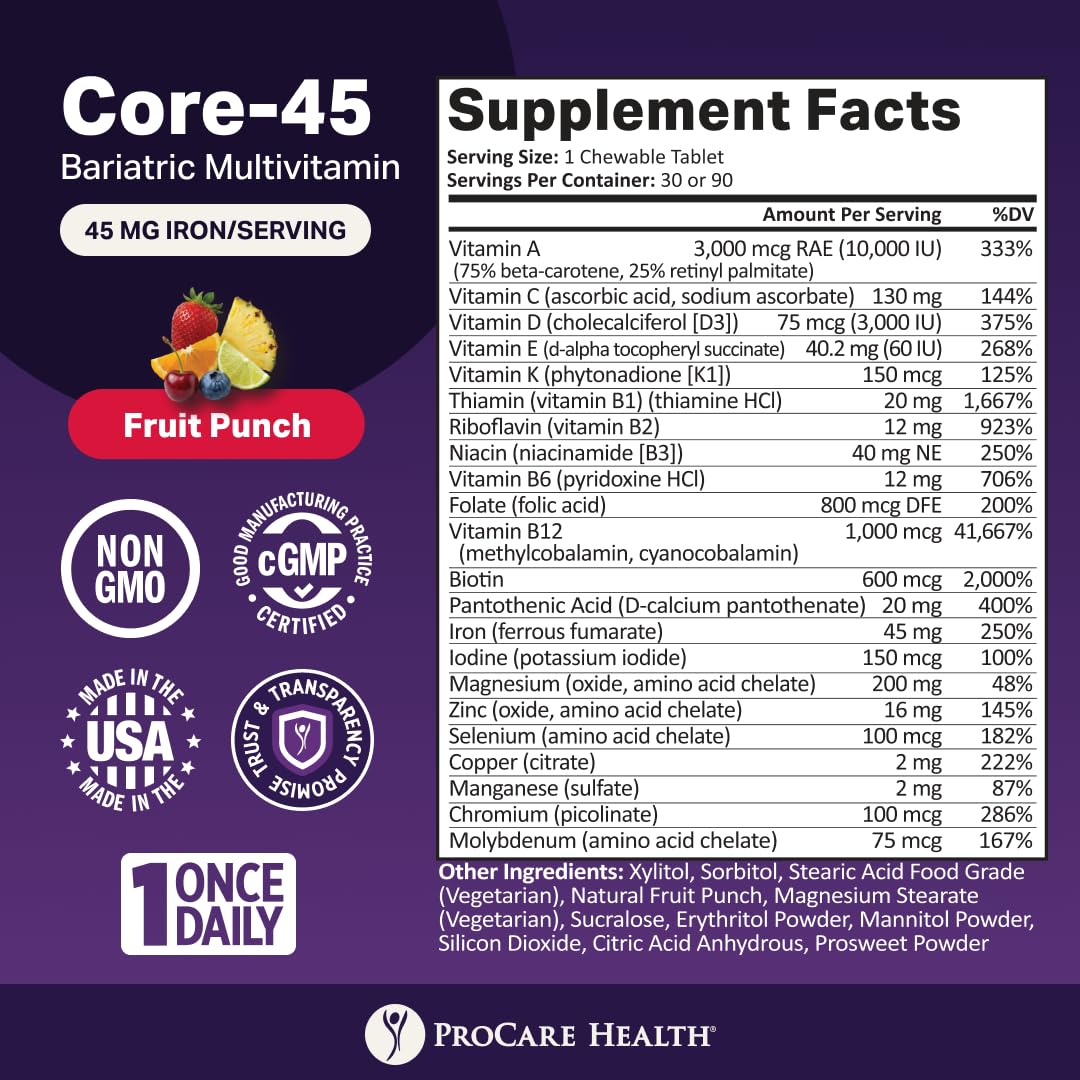 ProCare Health Multivitamine Bariatrique, emballage avec informations nutritionnelles