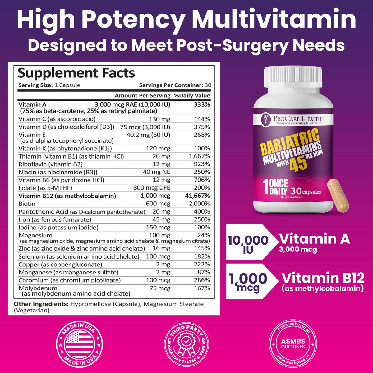 ProCare Health Multivitamine Bariatrique étiquette de la bouteille