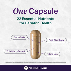 ProCare Health Multivitamine Bariatrique sur une table avec des ingrédients