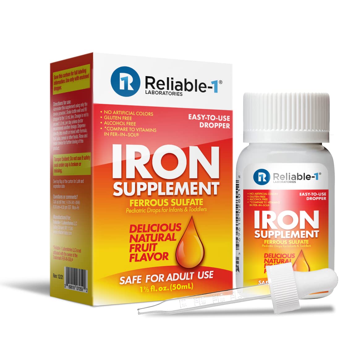Produits de fer Reliable-1 avec étiquette et détails nutritionnels
