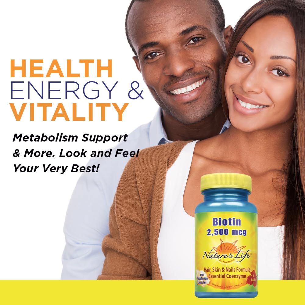 Profil des capsules de biotine Nature's Life sur fond blanc