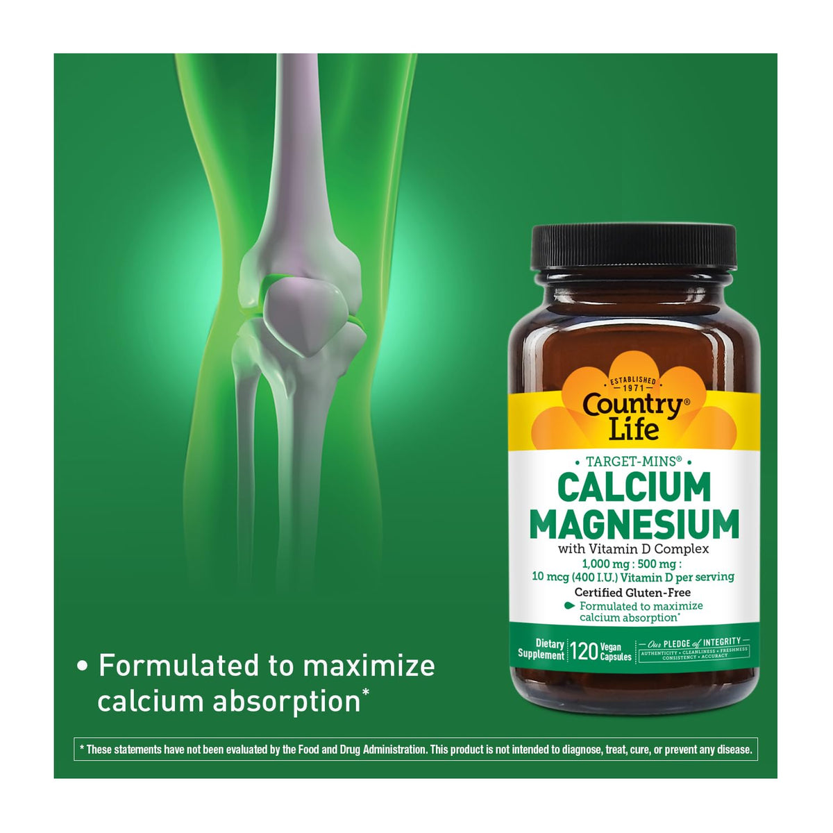 Profil du flacon de Calcium Magnésium Vitamine D Country Life avec étiquette visible