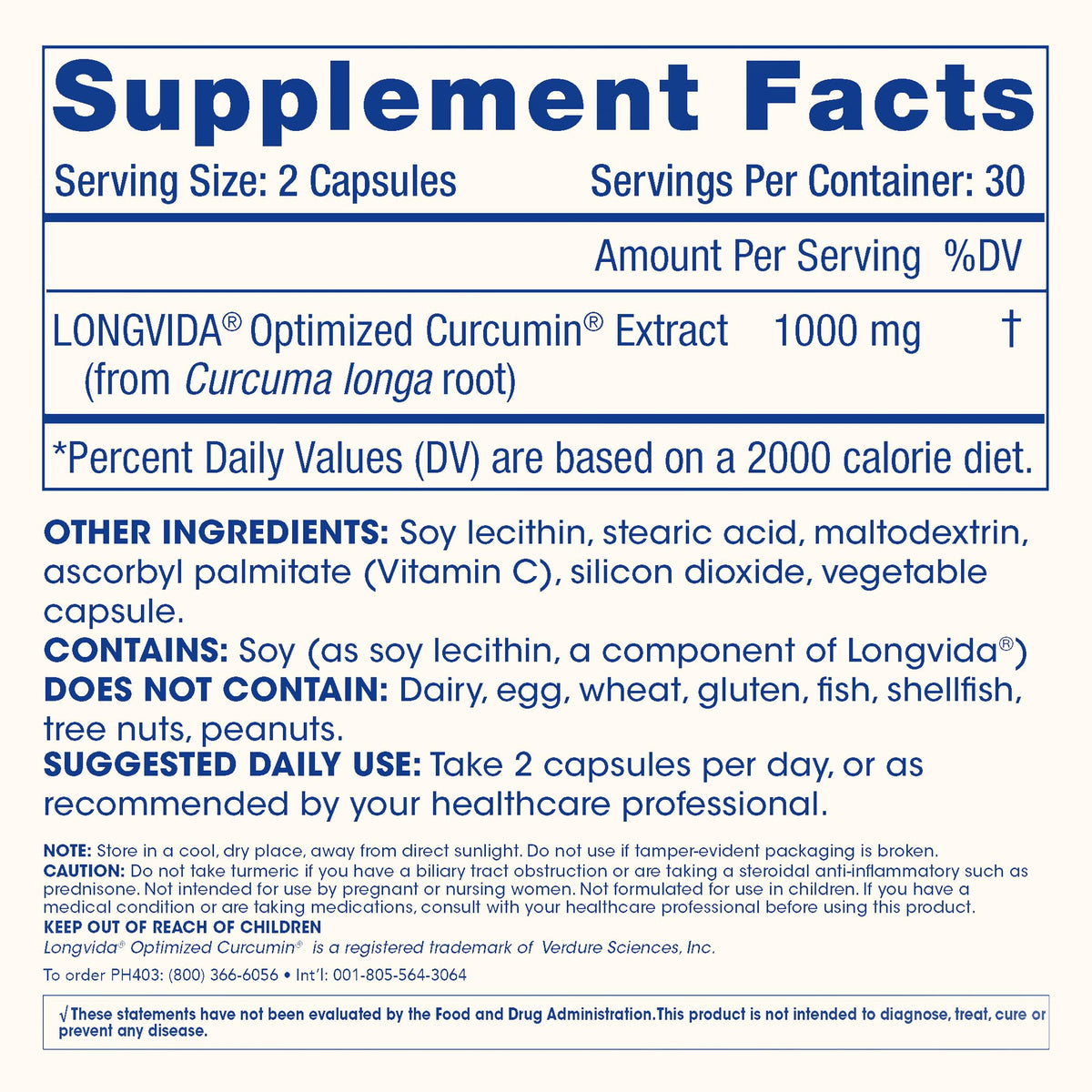 ProHealth Curcuma Longvida 1000 mg avec informations nutritionnelles